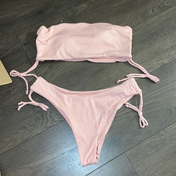 Rib Drawstring Side Bandeau Bikini Pink Set - Picture 2 of 5